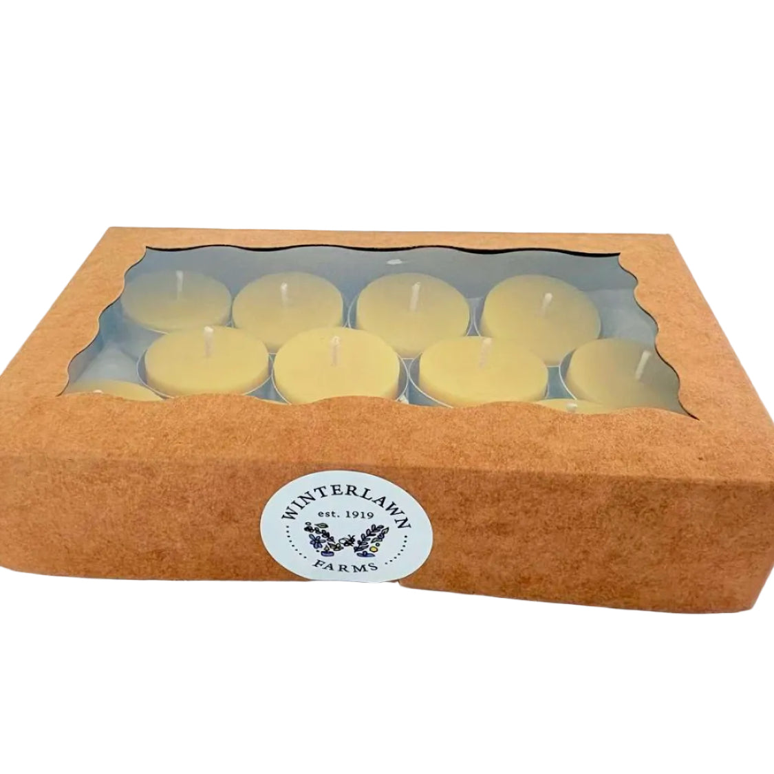 A rectangular kraft paper gift box with a clear plastic window showing multiple small yellow tea light candles inside. A round white sticker on the front reads 'MINTERLAWN' with a butterfly logo.