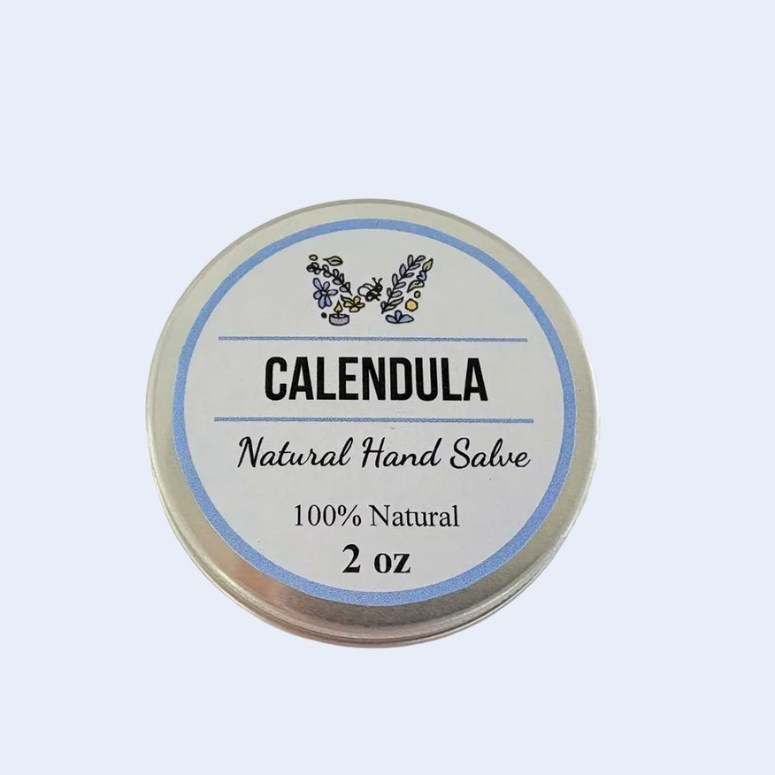A round silver tin of Calendula Natural Hand Salve with a white and blue label, set against a plain off-white background.