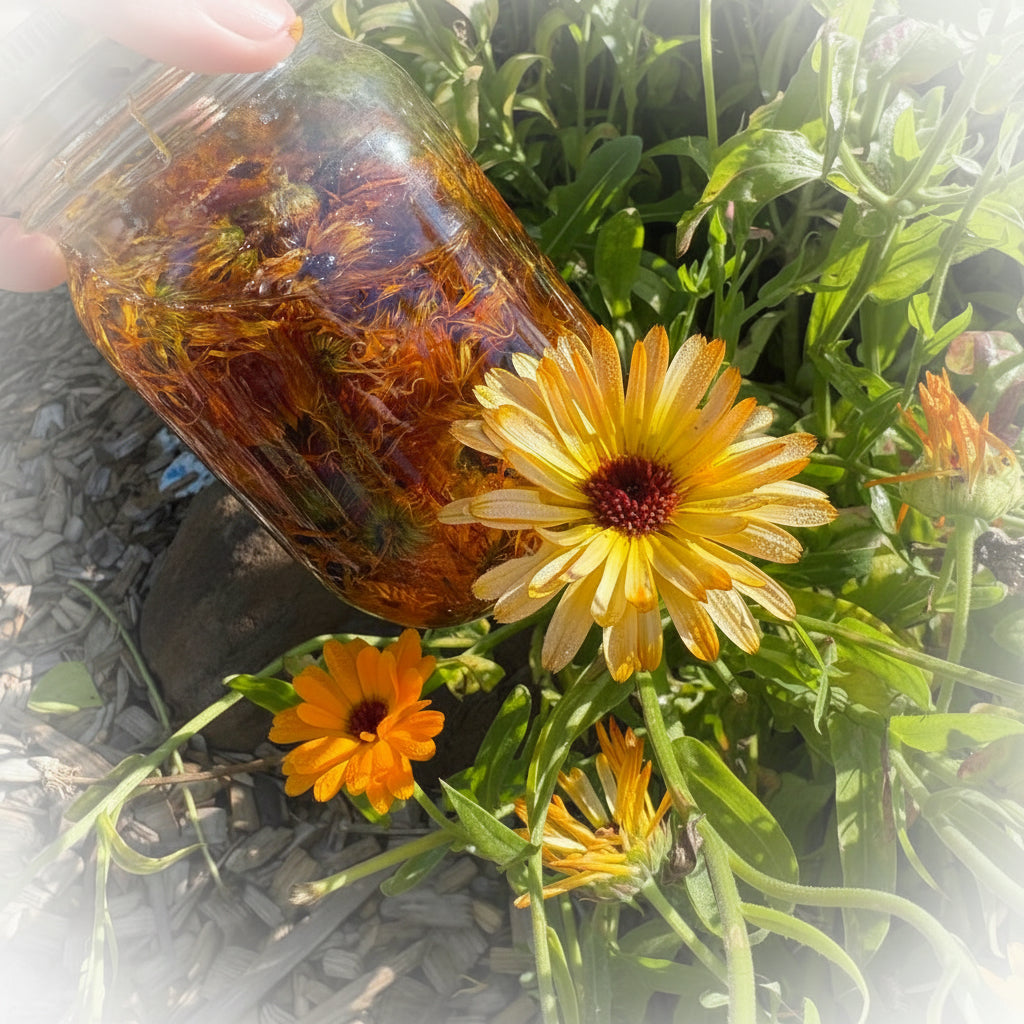 A hand holds a clear glass jar filled with dried orange and yellow flowers against a background of green garden plants and orange flowers.