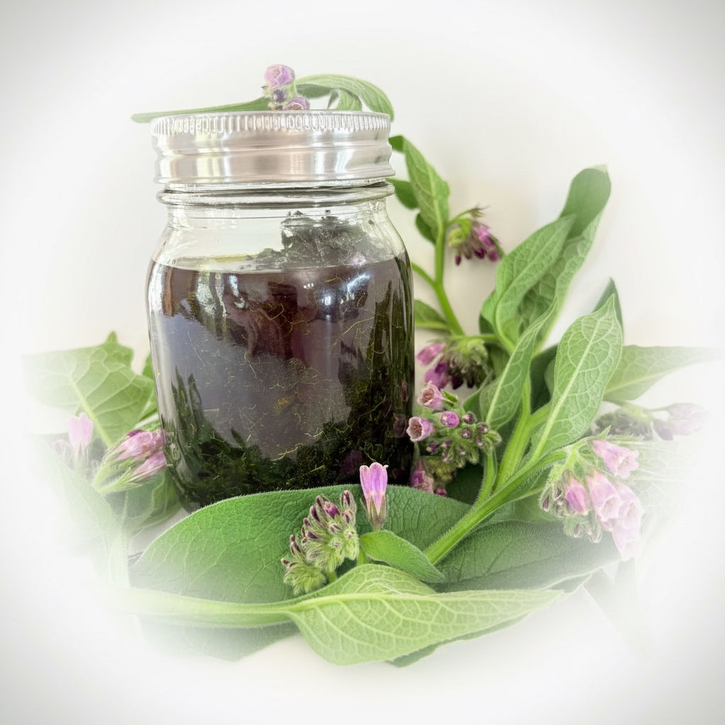 A clear glass mason jar with a silver metal lid, filled with a dark herbal tea or liquid, surrounded by fresh green leaves and small pink-purple flowers against a plain white background.