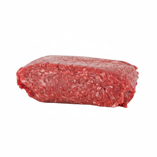 A raw, uncooked cut of ground meat, likely beef or lamb, resting on a white plate against a plain off-white background.