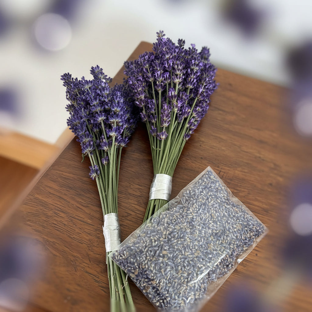 Two small bundles of fresh purple lavender tied with white bands, placed on a wooden table next to a clear plastic bag filled with dried lavender buds.