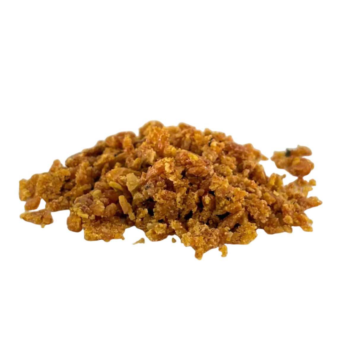A small pile of golden-brown crumbly snack pieces, possibly crushed nuts or cookie crumbs, placed on a white plate against a light gray background.
