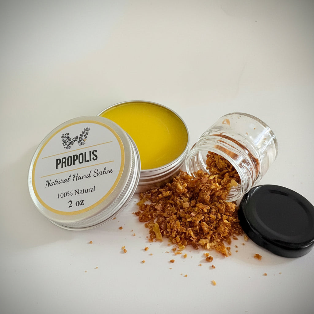 A tin of Propolis Natural Hand Salve shown open with yellow balm inside, alongside spilled orange-brown granules and a black lid on a plain white background.