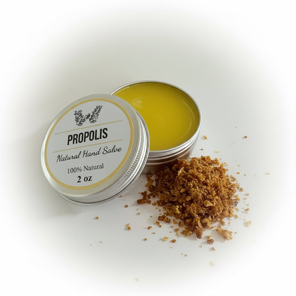A silver tin of Propolis Natural Hand Salve with its lid off, showing the yellow balm inside, with a small pile of brown propolis resin next to it on a white background.